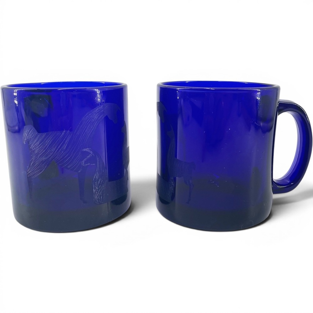Signed Baes Studio Glass Cobalt Blue Etched Alpaca Mugs Set 2 Limited 002/97